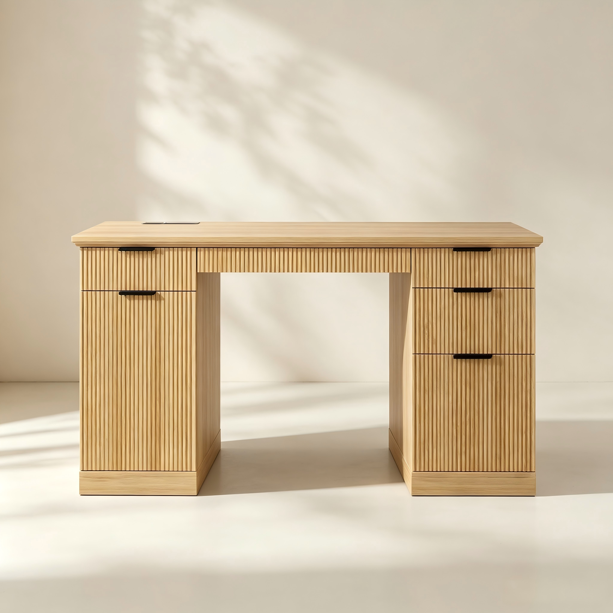 Fluted wood office desk with cabinet and multiple storage drawers