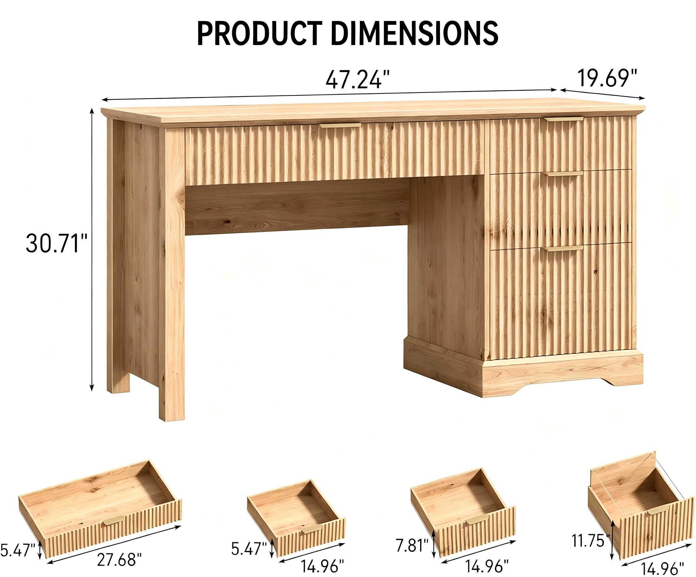 OD011 Compact Fluted Office Desk with Drawers product dimensions