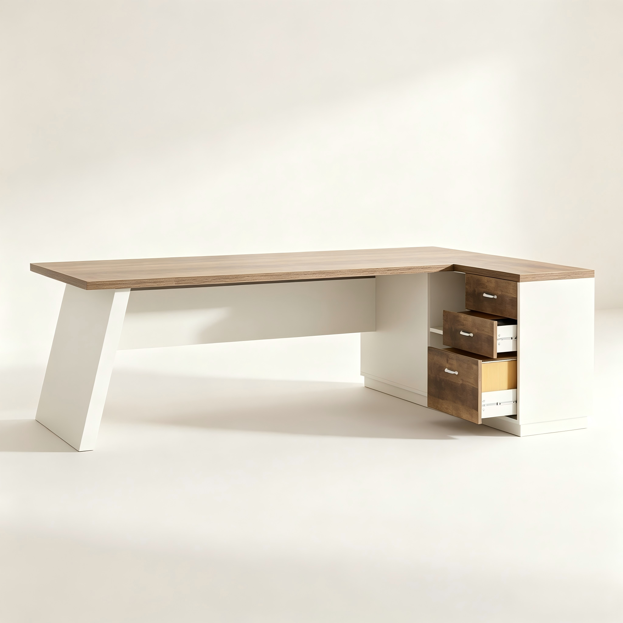 Modern executive office desk with angled leg and integrated drawer storage