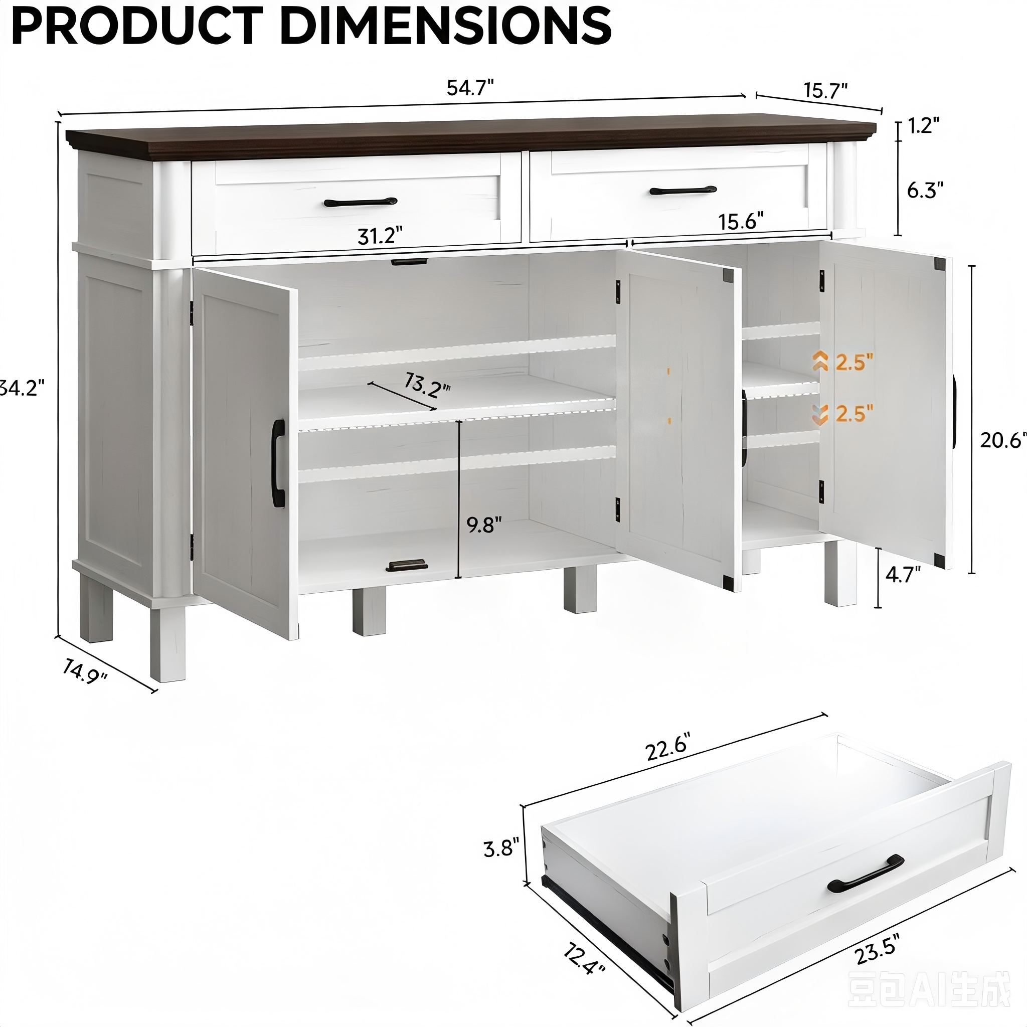 SB005 Two-Drawer Three-Door Sideboard product dimensions