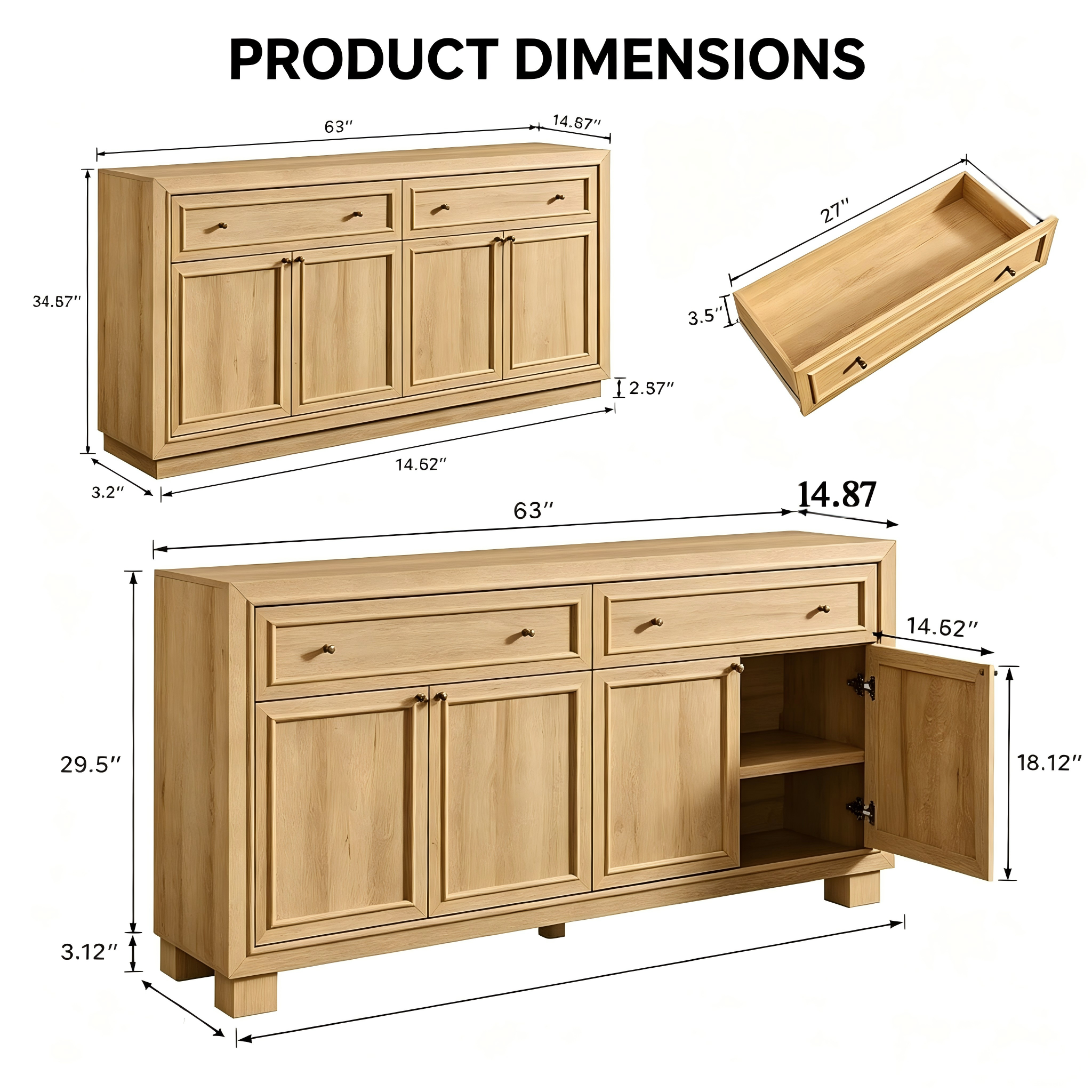 SB006 Four-Door Wood Sideboard with Drawers product dimensions