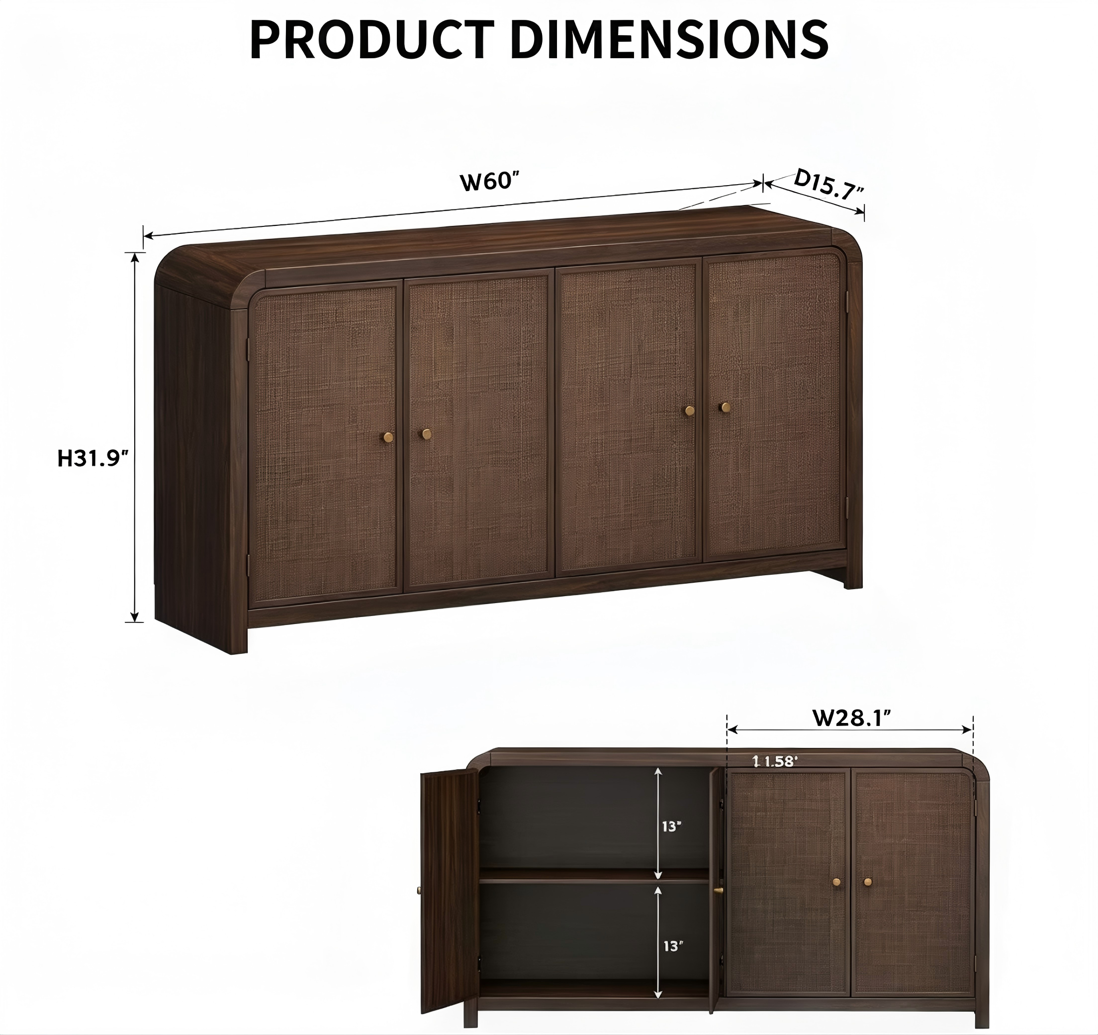 SB011 Cane-Front Four-Door Sideboard product dimensions