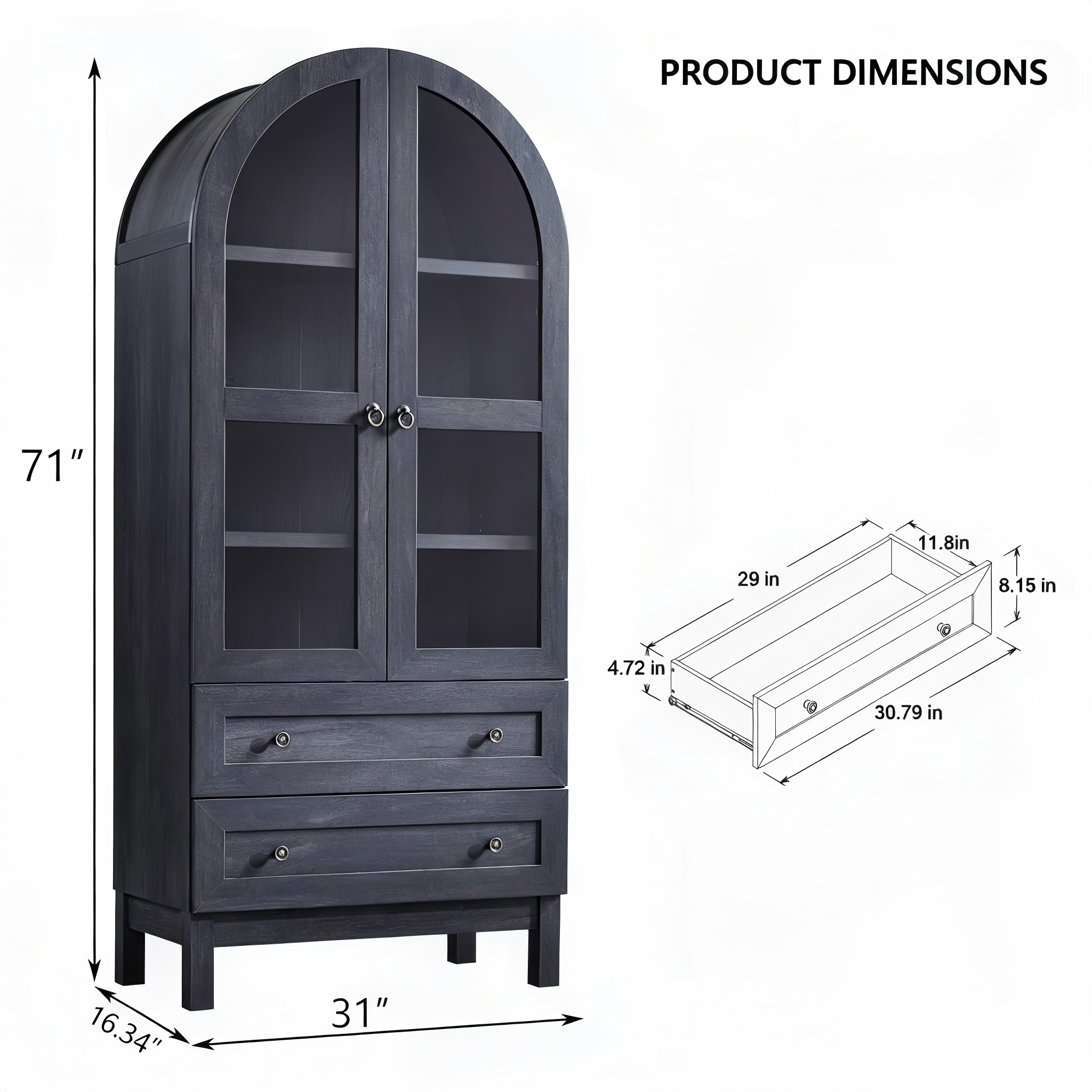 SB012 Arched Glass Display Cabinet with Drawers product dimensions