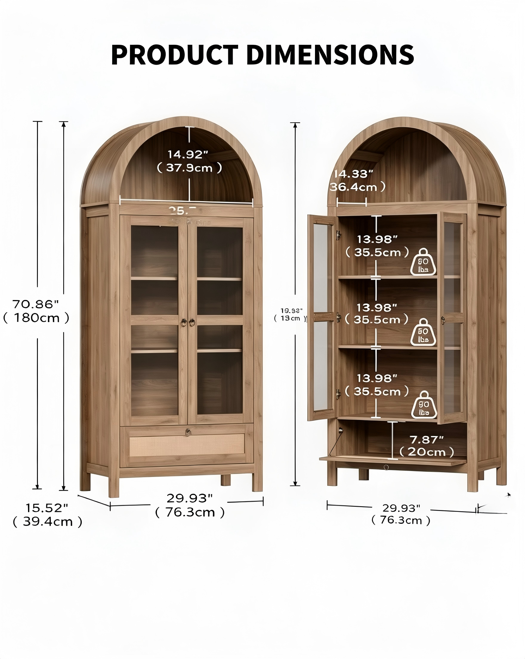 SB013 Tall Arched Glass Display Cabinet product dimensions