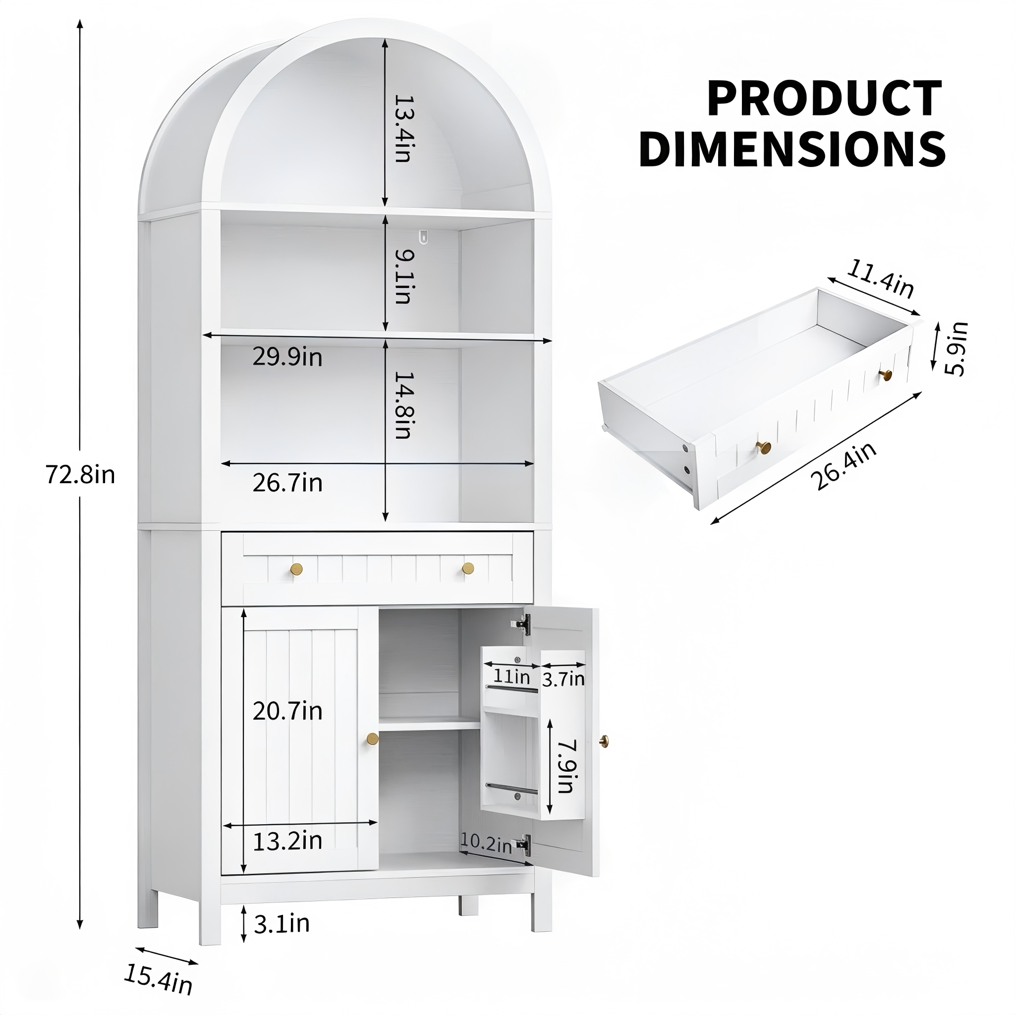 SB014 Arched Storage Hutch with Open Shelves product dimensions