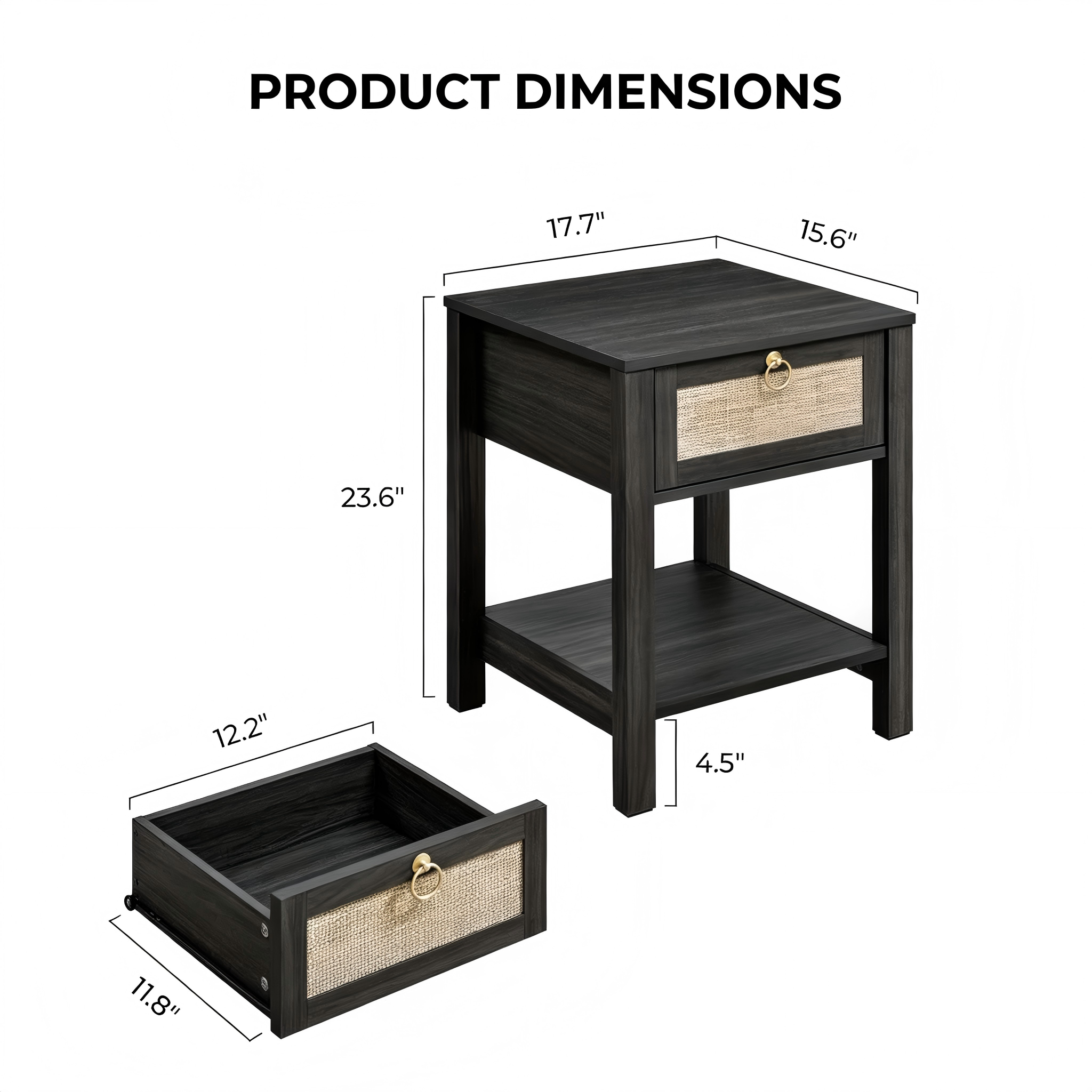 ST009 Cane-Front Side Table with Lower Shelf product dimensions