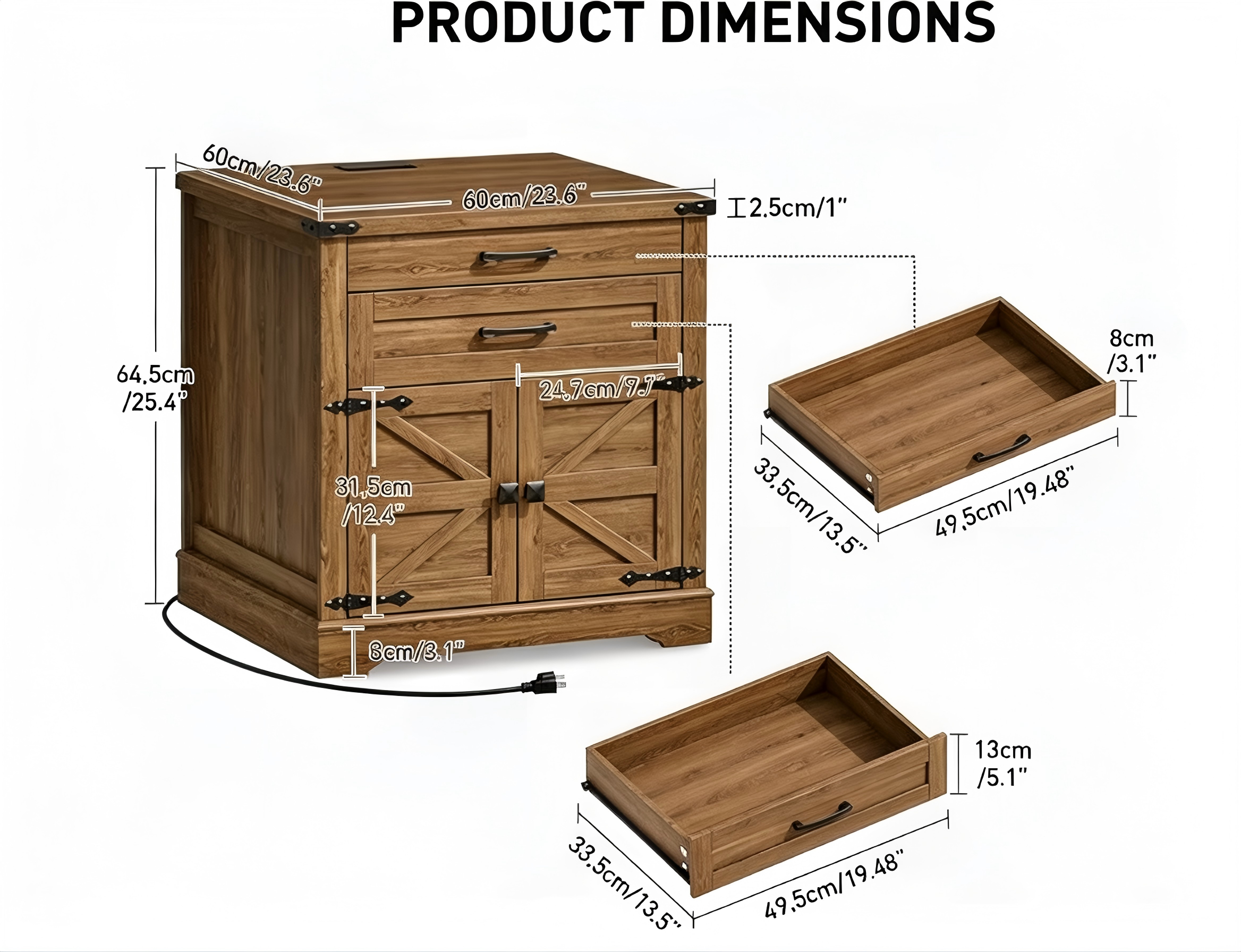 ST011 Farmhouse Side Table with Drawers and Cabinet product dimensions