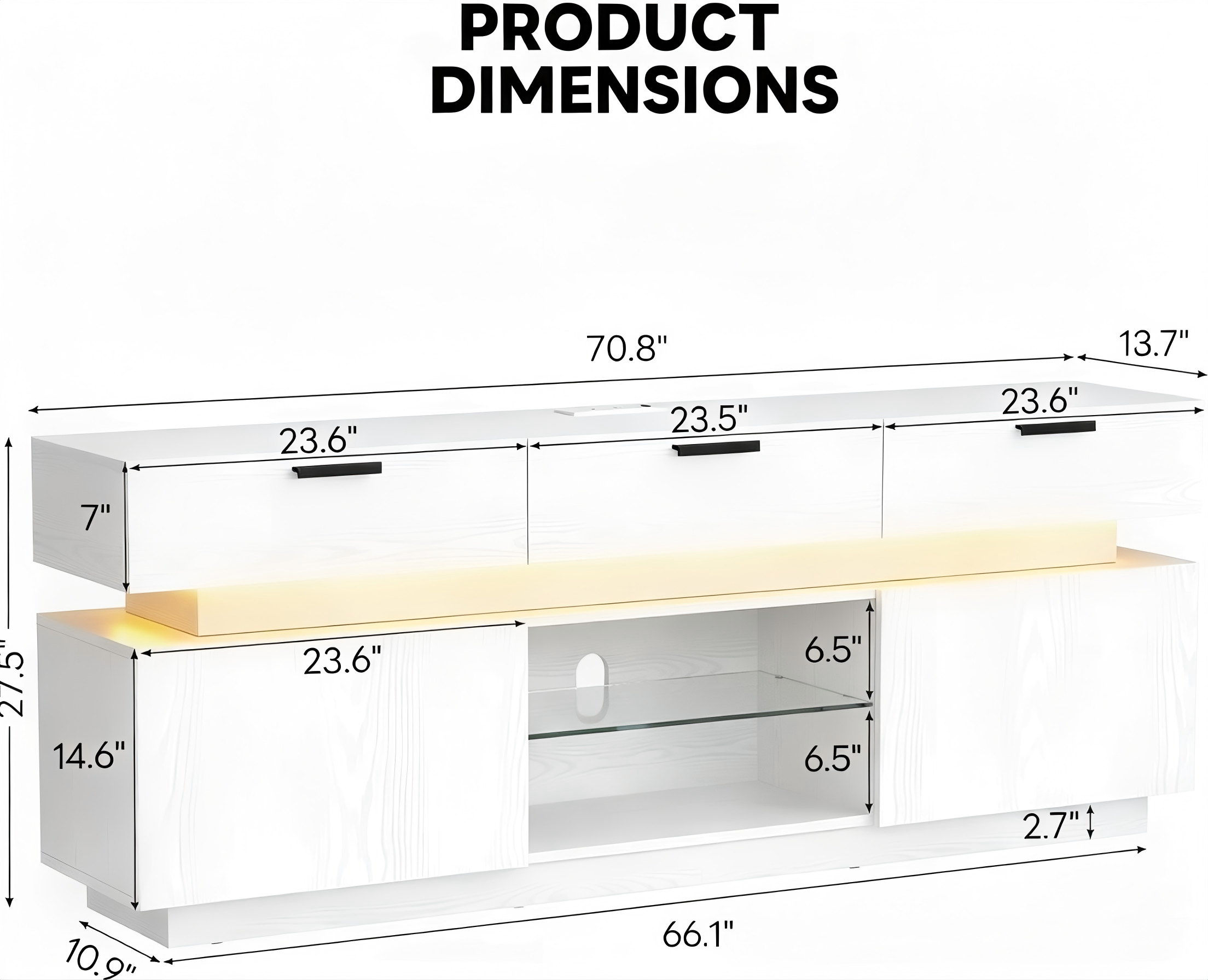 TS007 LED TV Stand with Media Shelf product dimensions