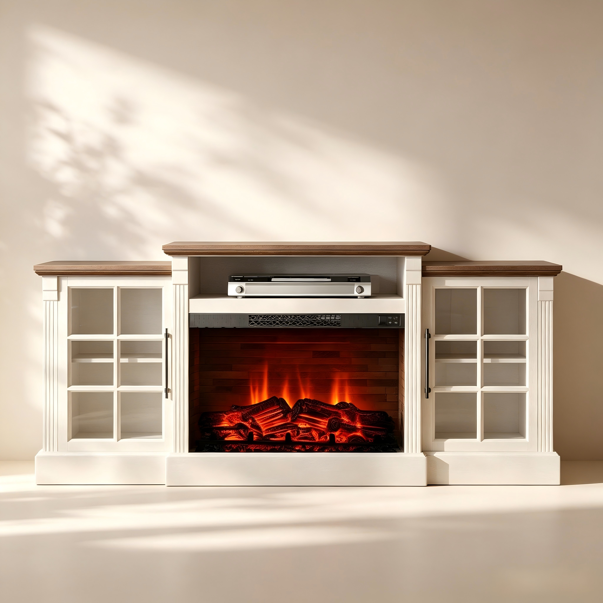 Electric Fireplace TV Stand with Glass Cabinets