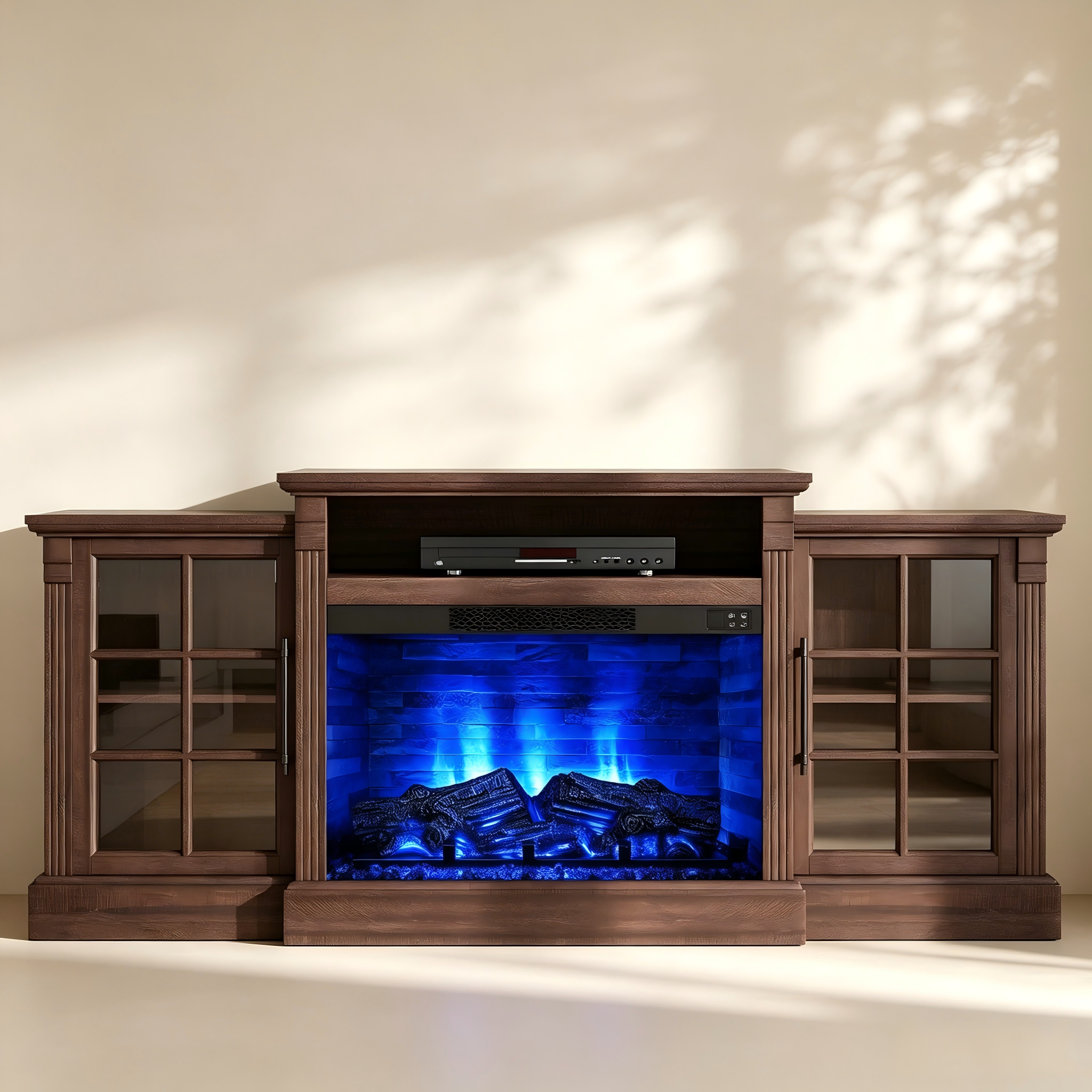 Electric Fireplace TV Stand with Glass Cabinets thumbnail view 2
