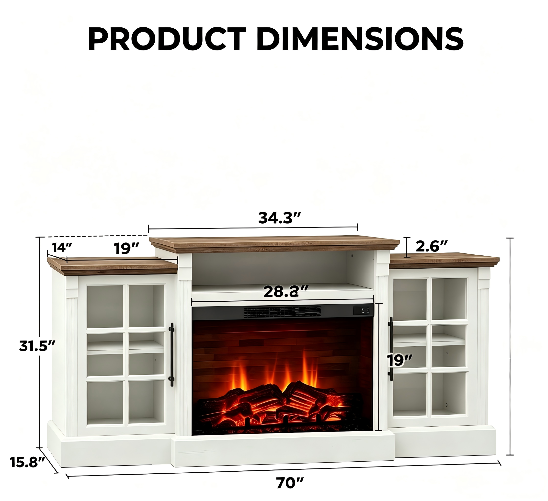 TS020 Electric Fireplace TV Stand with Glass Cabinets product dimensions