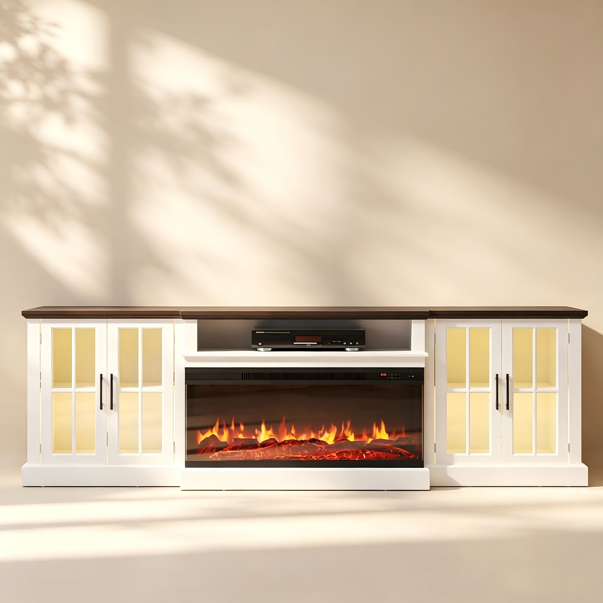 Black Electric Fireplace TV Stand with Glass Doors