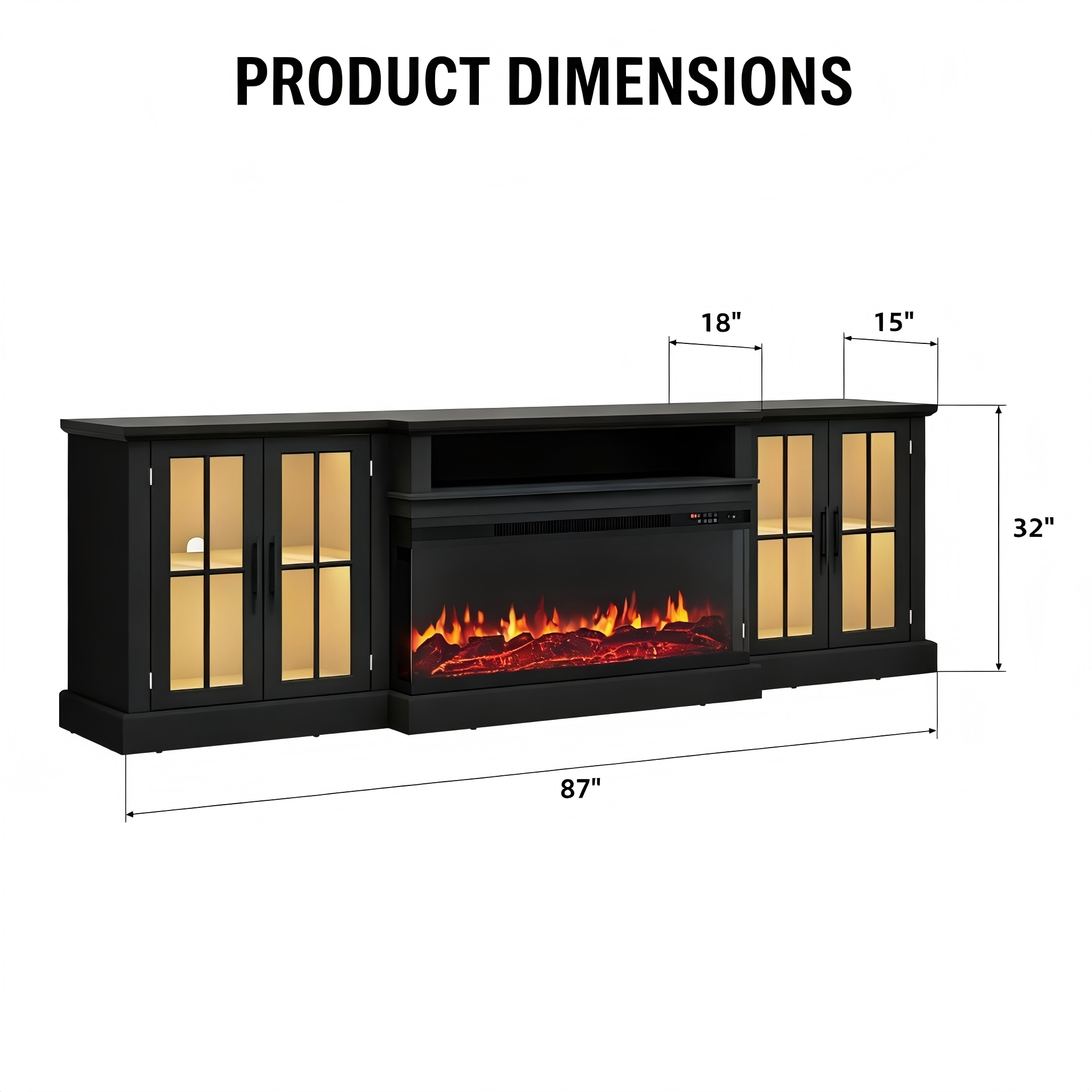 TS021 Electric Fireplace TV Stand with Glass Doors product dimensions