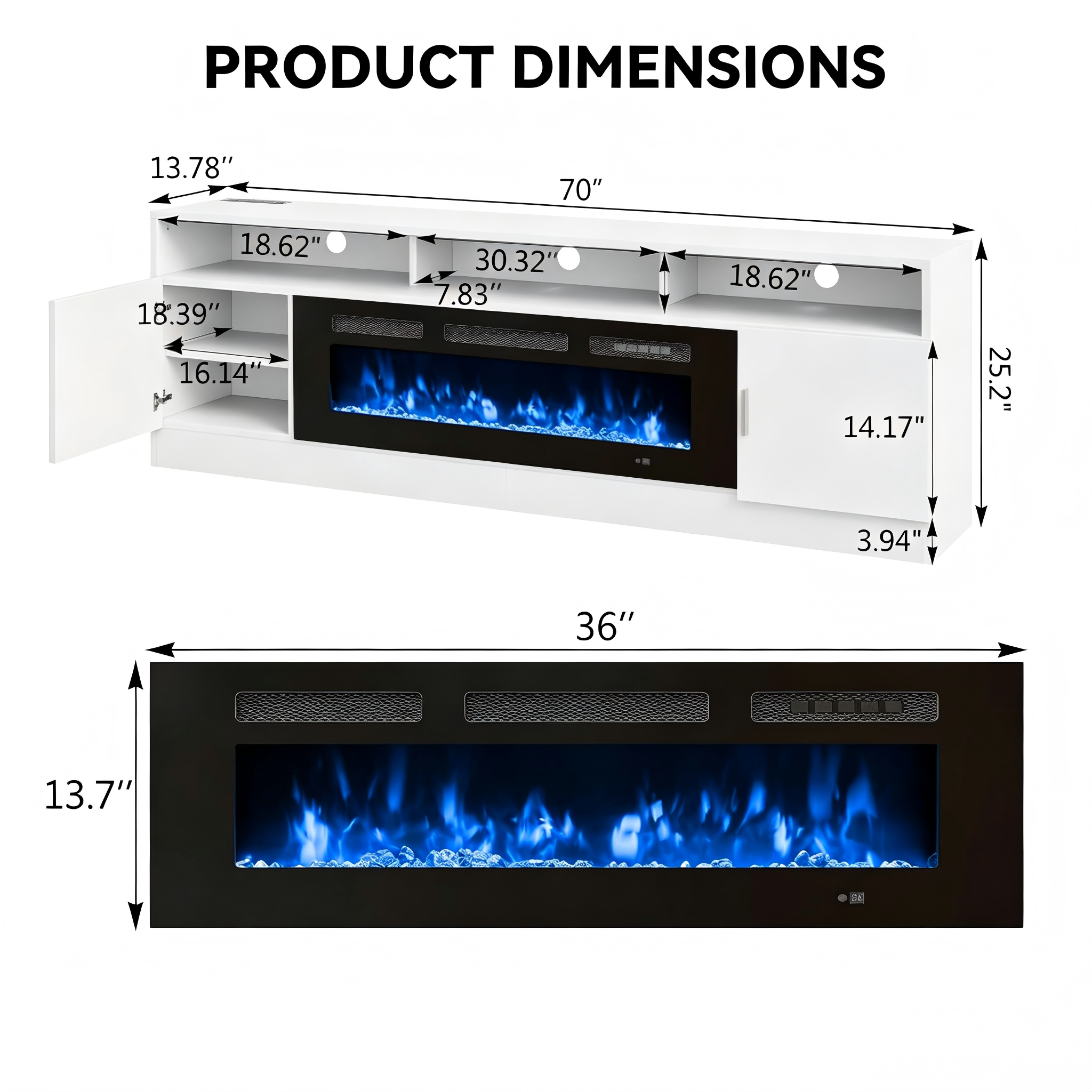 TS022 Low-Profile Electric Fireplace TV Stand product dimensions