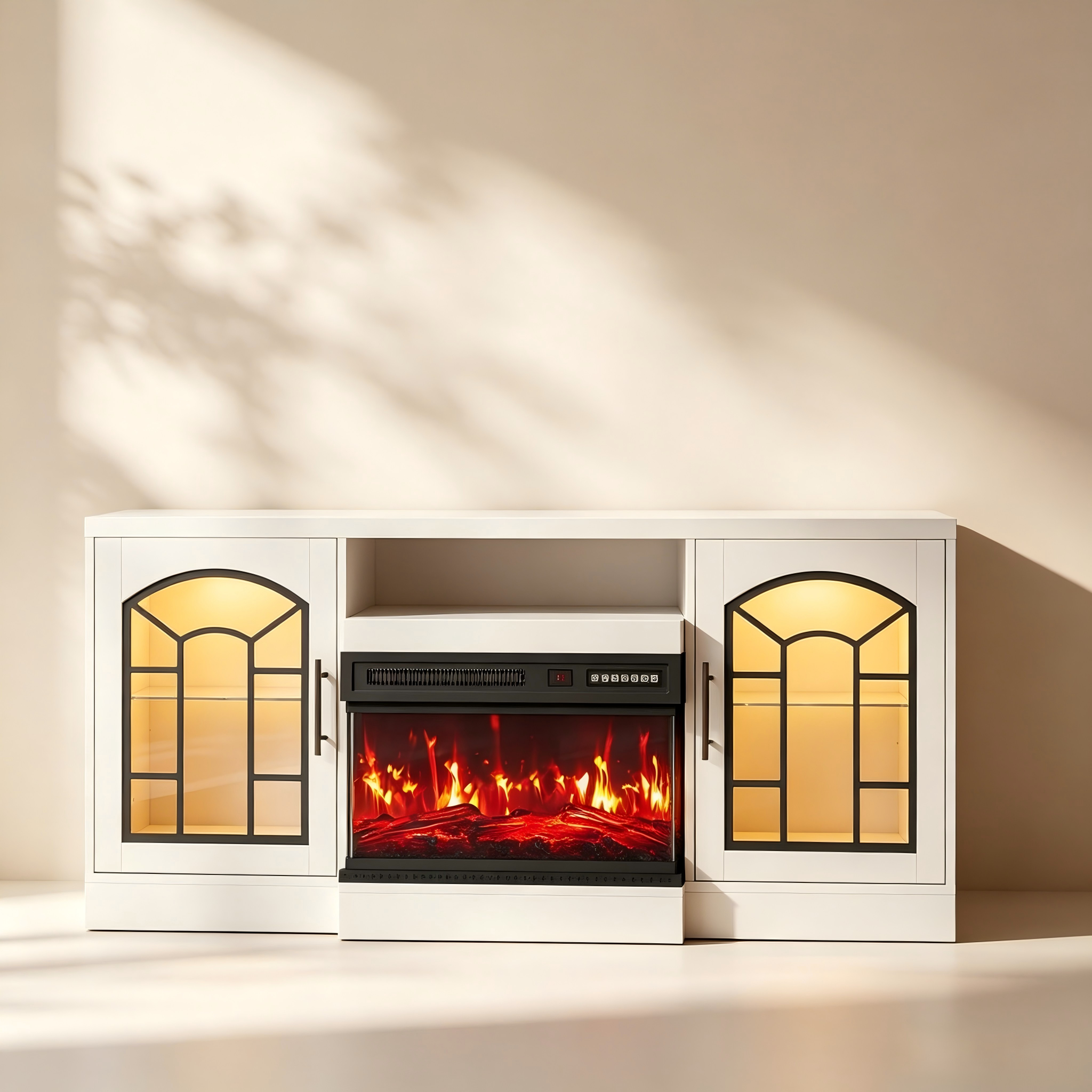 Electric Fireplace TV Stand with Arched Glass Doors