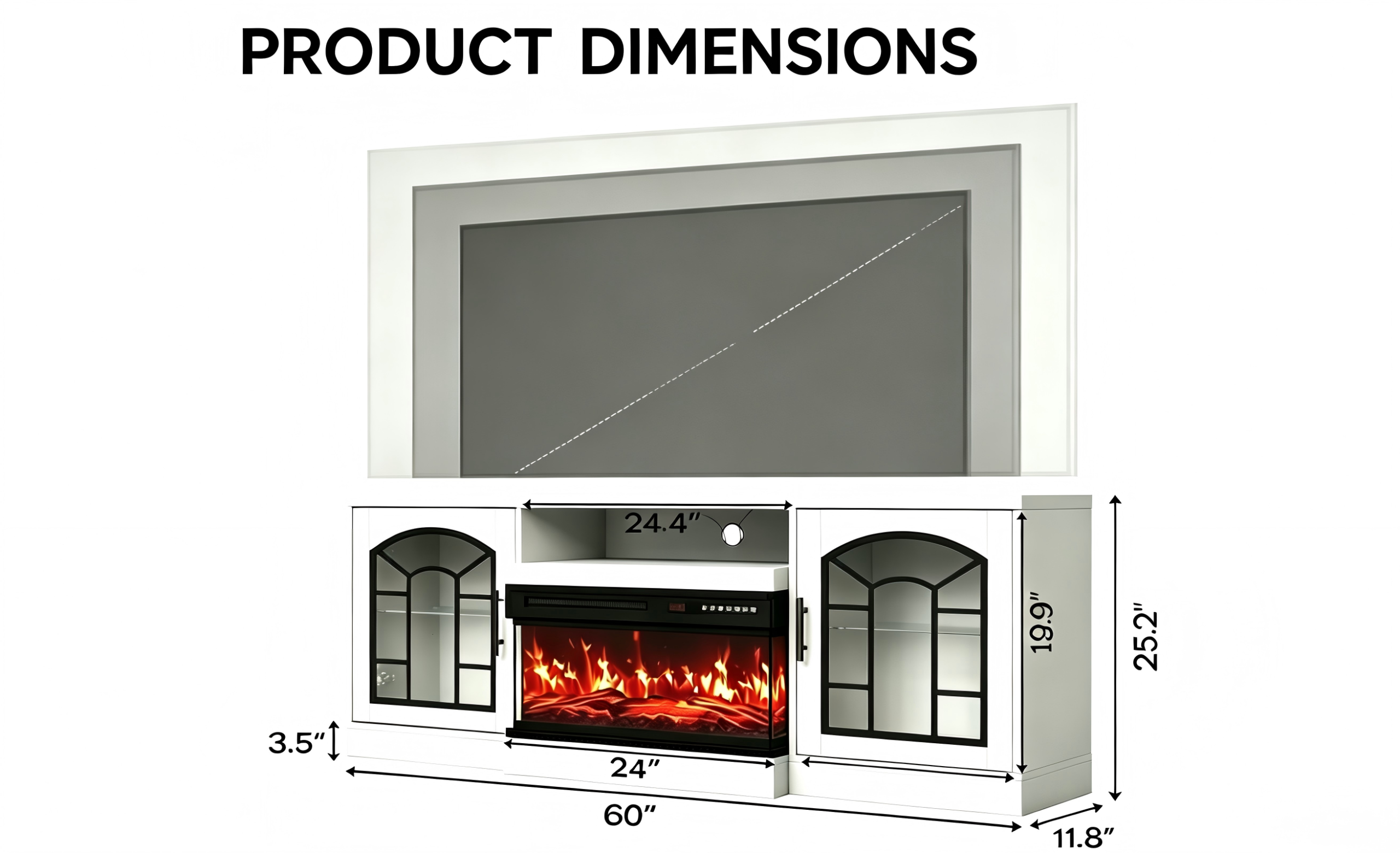 TS024 Electric Fireplace TV Stand with Arched Glass Doors product dimensions